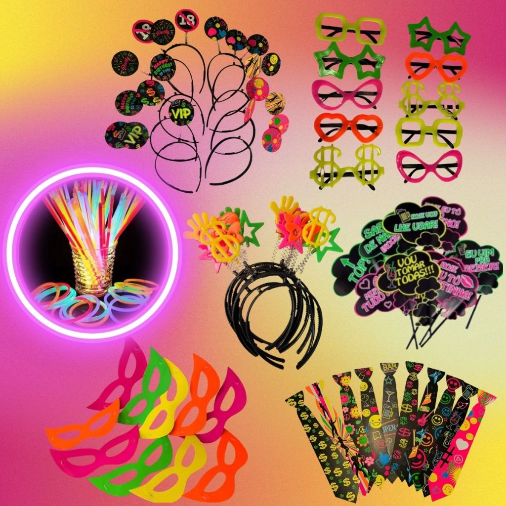 Kit 150 pçs Balada Neon Festa Pulseira Tiara Mascara Oculos Gravata Plaquinha Adereços