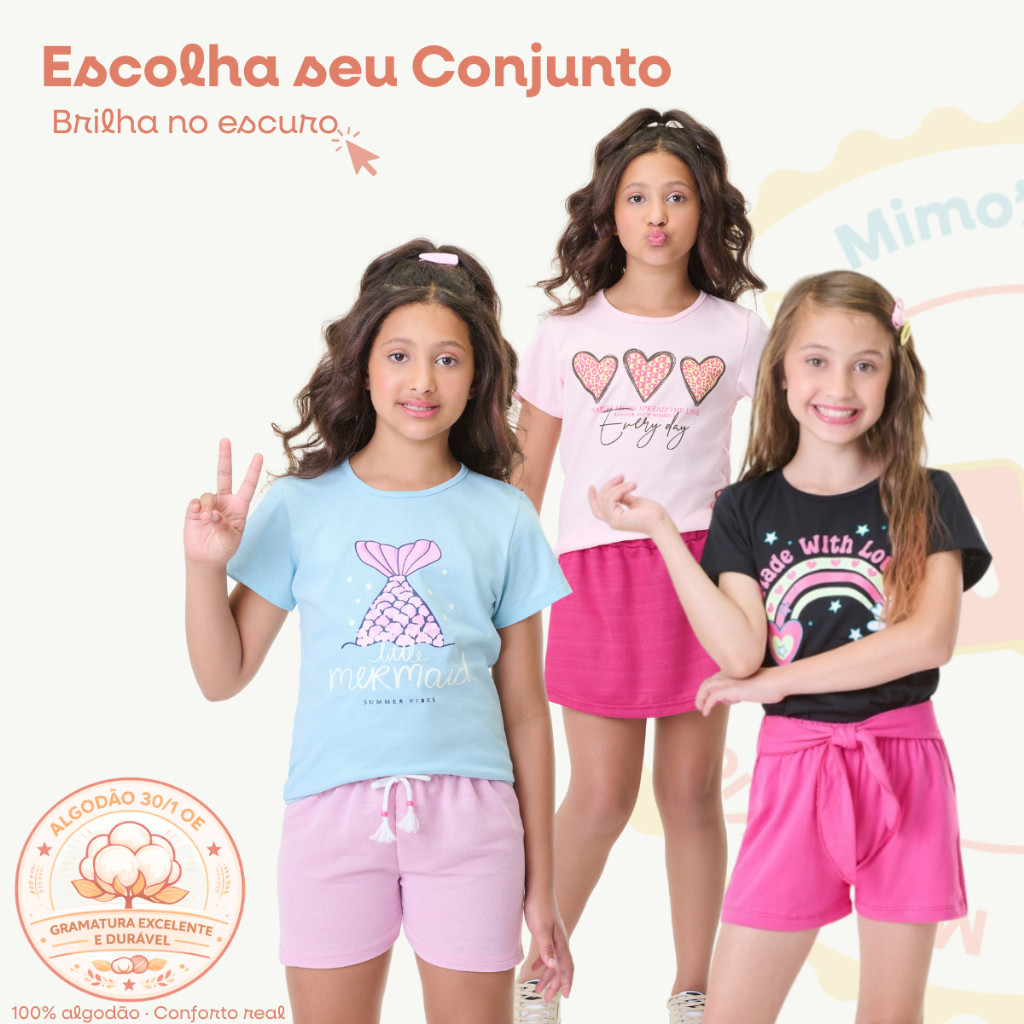 Conjunto Infantil Feminino menina verão Brilha no Escuro Tam 2 ao 14 Anos