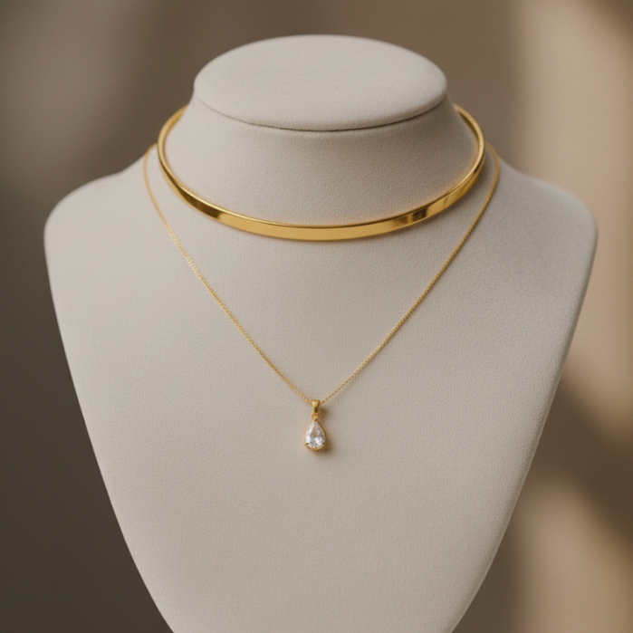 Conjunto Feminino Choker + Colar Gota Zircônia Premium Folheado Ouro/Prata Elegante Ajustável