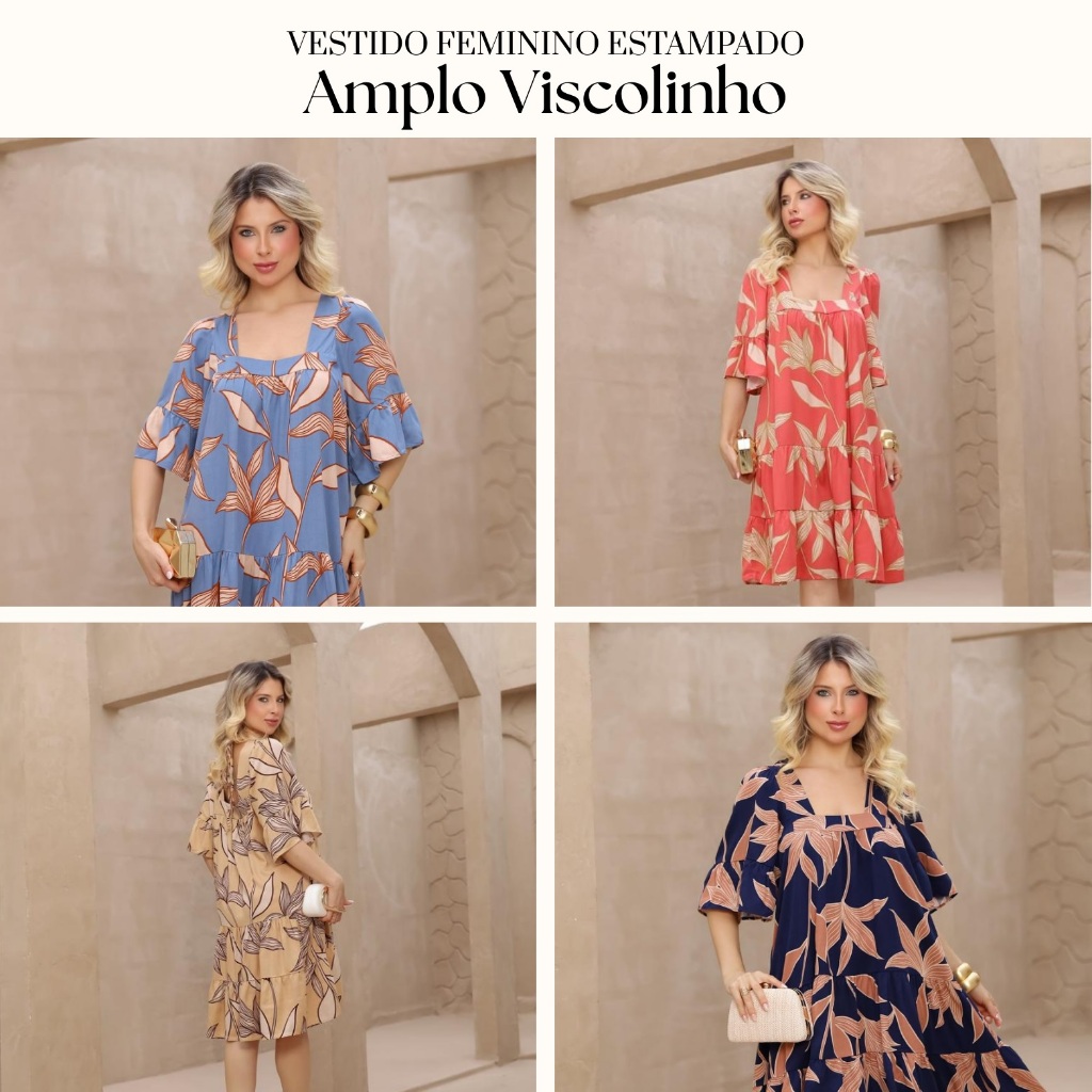 Vestido Feminino Estampado Elegante Casual Amplo Viscolinho Soltinho Leve Fresco Moda Feminina Verão