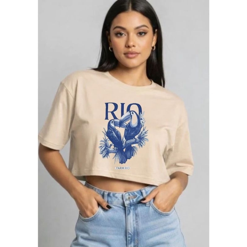 Cropped Oversized Estampa Rio Tucano 100% Algodão Penteado Feminino Camiseta Larga Streetwear Confortável Tendência 2026
