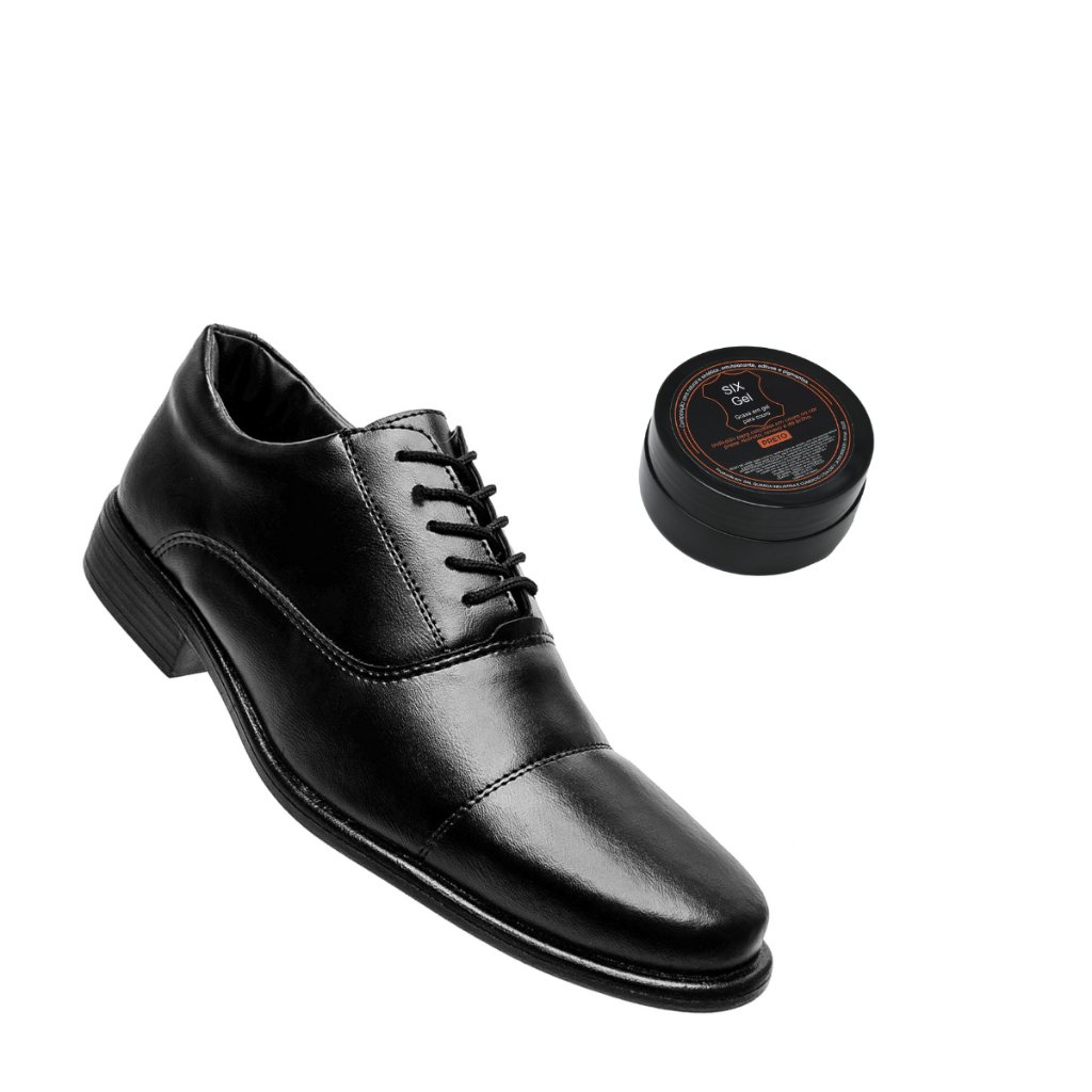 Kit Sapato Social Colégio Militar de Couro Confortável + Graxa de Gel Super Brilho uso Profissional
