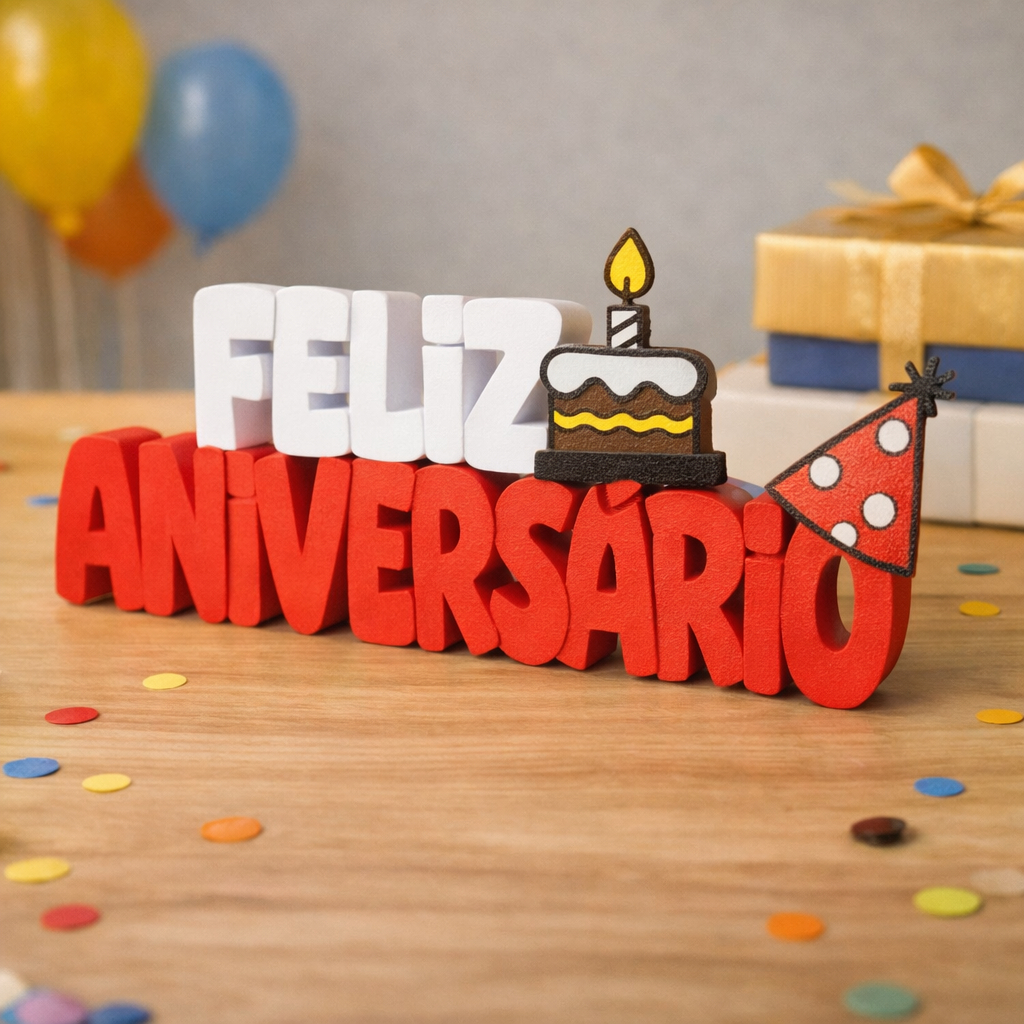 🎂 Letreiro Feliz Aniversário 3D com Bolo e Chapéu – 25x9cm – Decoração Festa em Oferta na Shopee