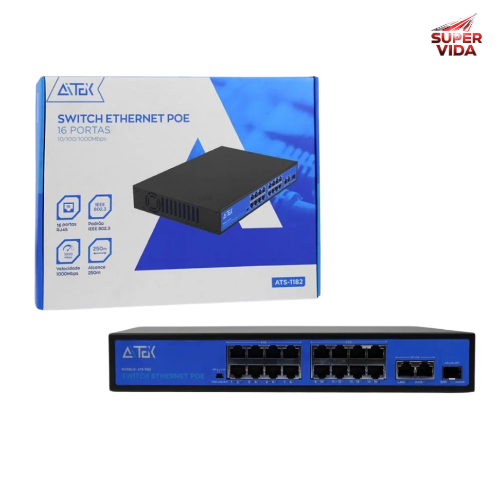 Switch Ethernet PoE 8/16 Portas 10/100/1000Mbps Ideal para Câmeras IP, NVR e Redes de Segurança