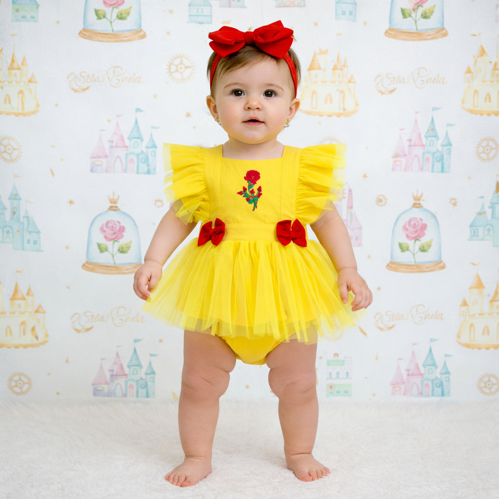 Jardineira Romper Saia Body Salopete Conjunto de Menina Mesversario Fantasia Bela e a Fera Amarelo em Oferta na Shopee