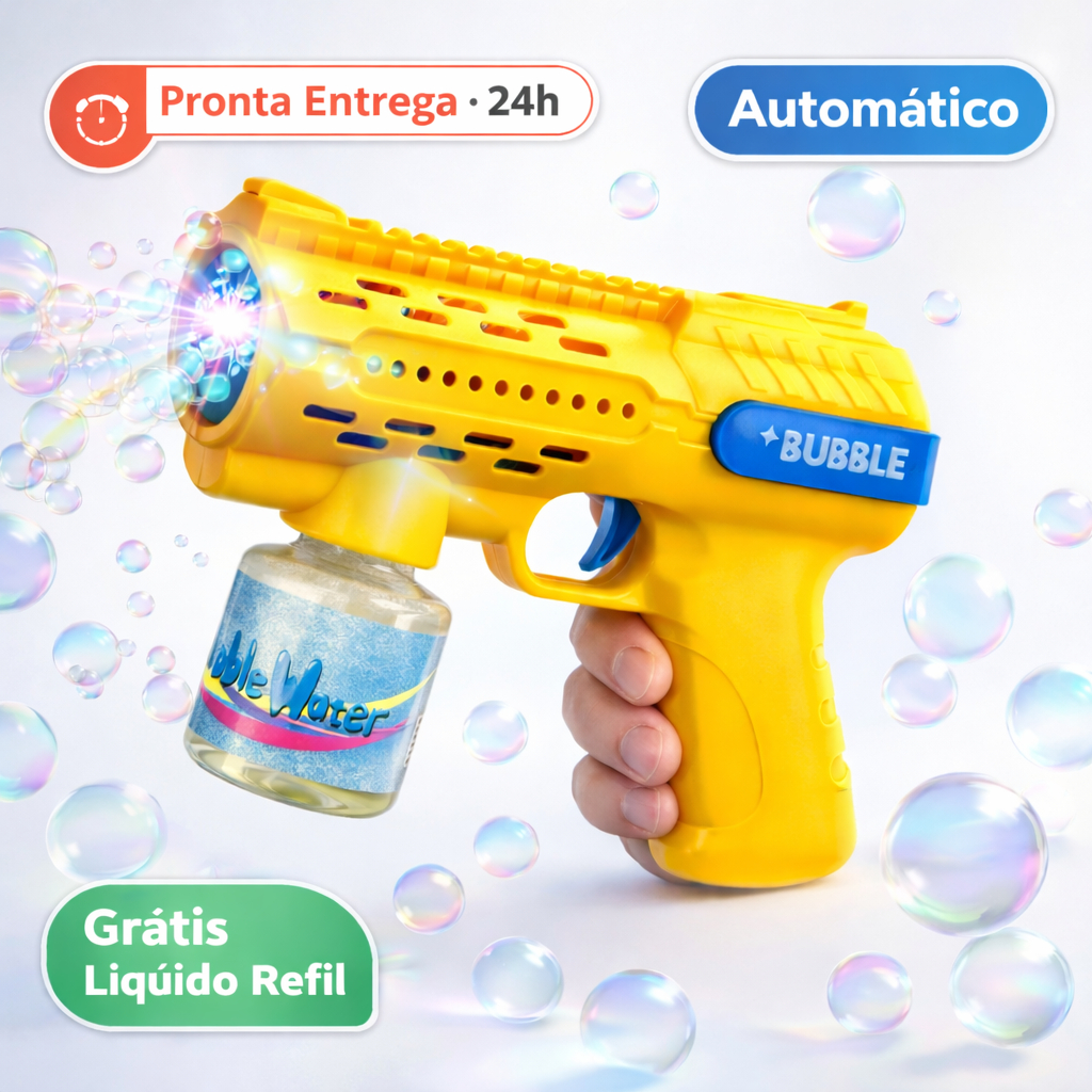 Pistola Lança Bolha de Sabão Automática Brinquedo Infantil Máquina Lançador com Refil e Luz