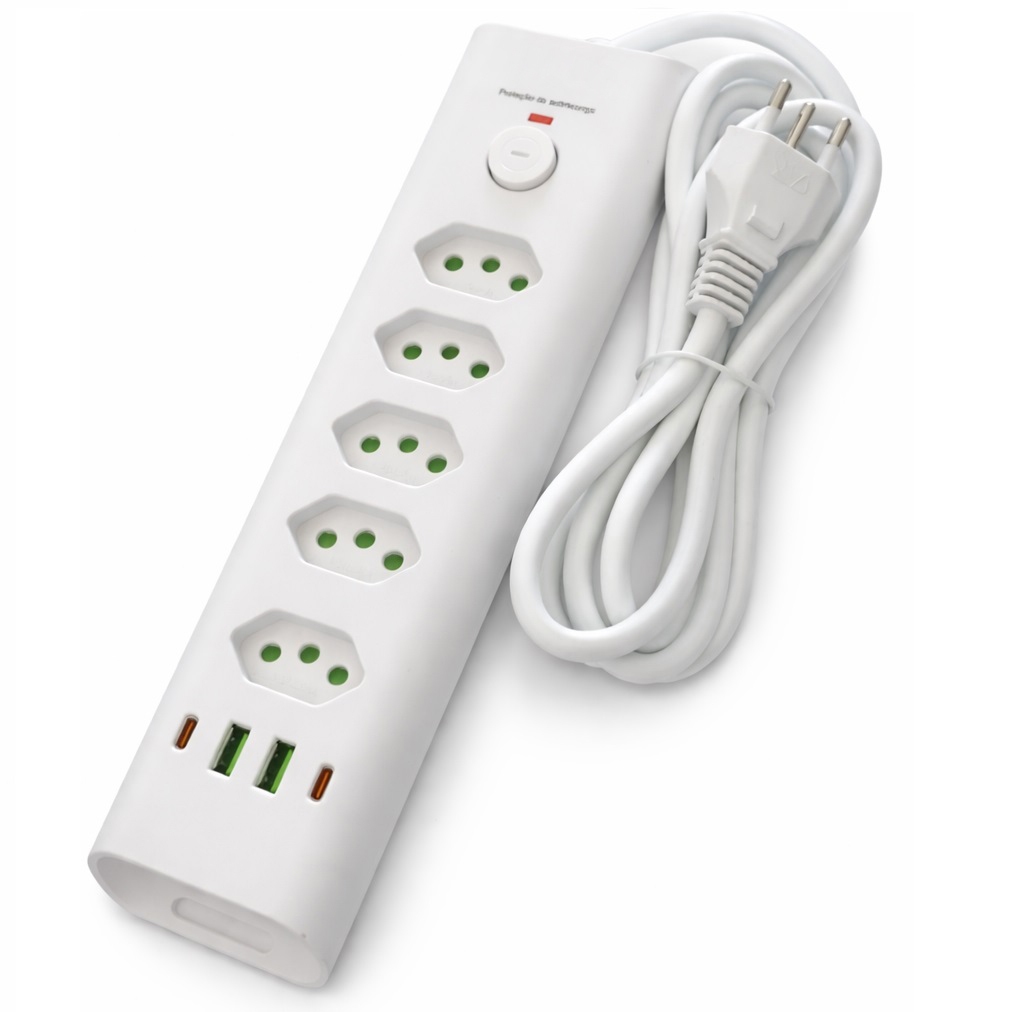Filtro de Linha 5 Tomadas 10A 20A Extensão Elétrica, Regua de enegia Com 4 USB, tipo C 2500w Bivolt
