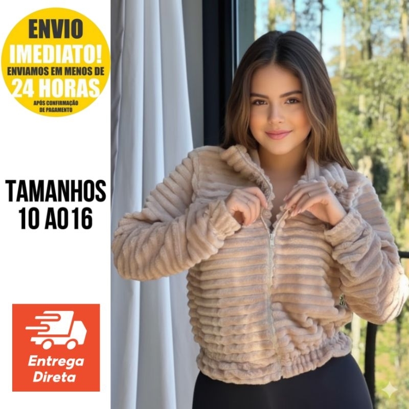 Blusa de Frio Juvenil Menina Teddy Pelinho Soft – Jaqueta Puff Ted Fofa Quentinha Blusa de Frio Moda Blogueira 10 ao 16