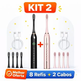 Kit 2 Escovas Elétricas Sônicas IPX7 + 8 Refis |  7 Modos  | Recarregável USB | Limpeza Profissional em Oferta na Shopee