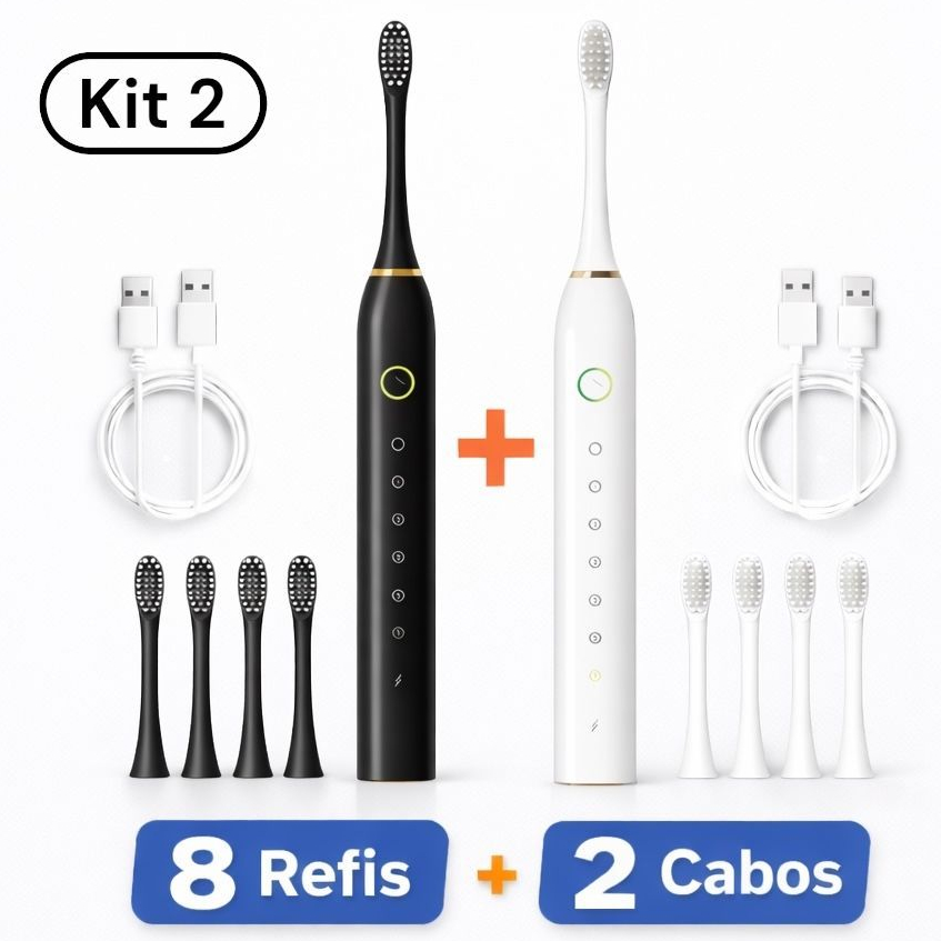 Kit 2 Escovas Elétricas Sônicas IPX7 + 8 Refis | Limpeza Profissional |  7 Modos  | Recarregável USB