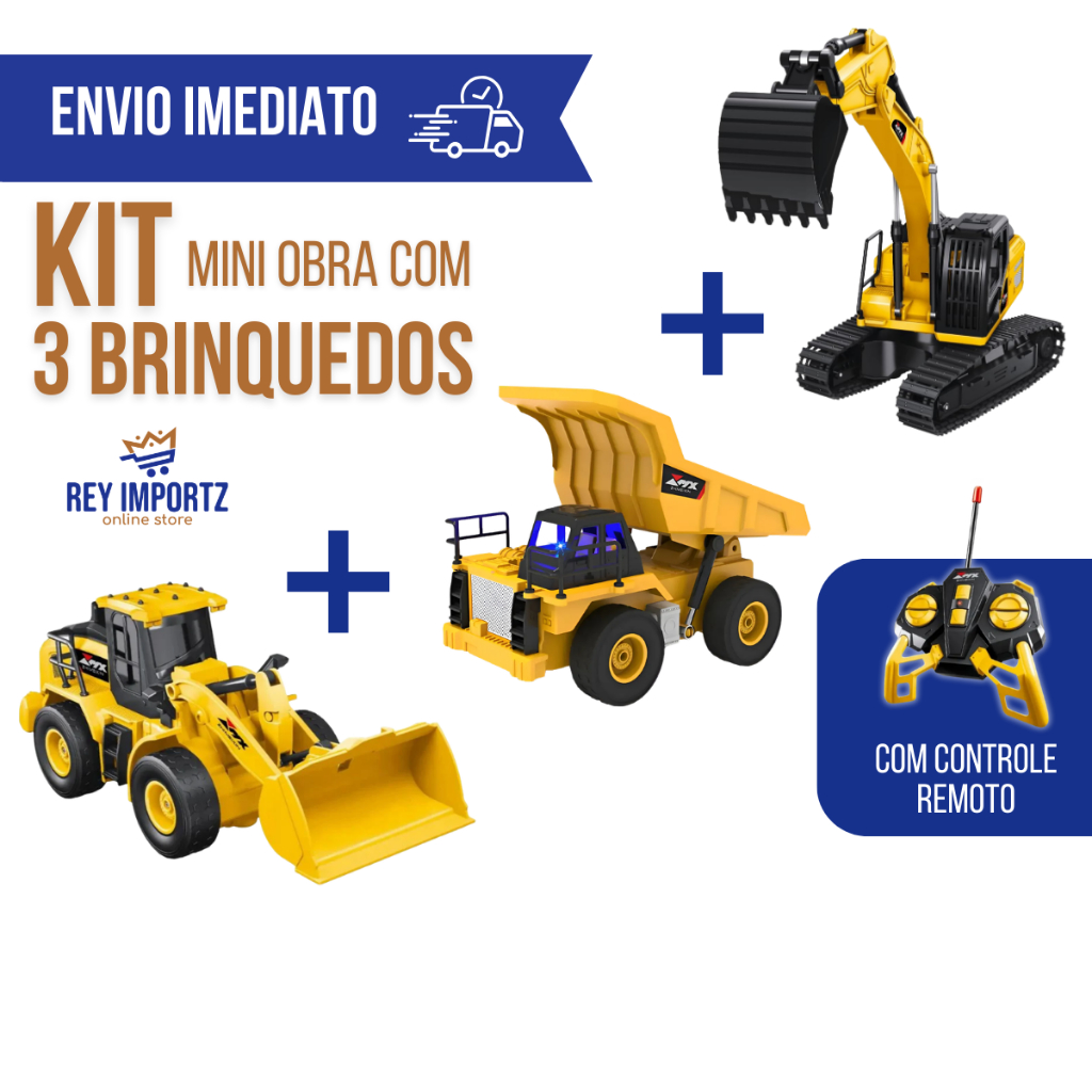 Kit mini obra controle remoto – caminhão de brinquedo + retroescavadeira de controle remoto + trator de briquedo