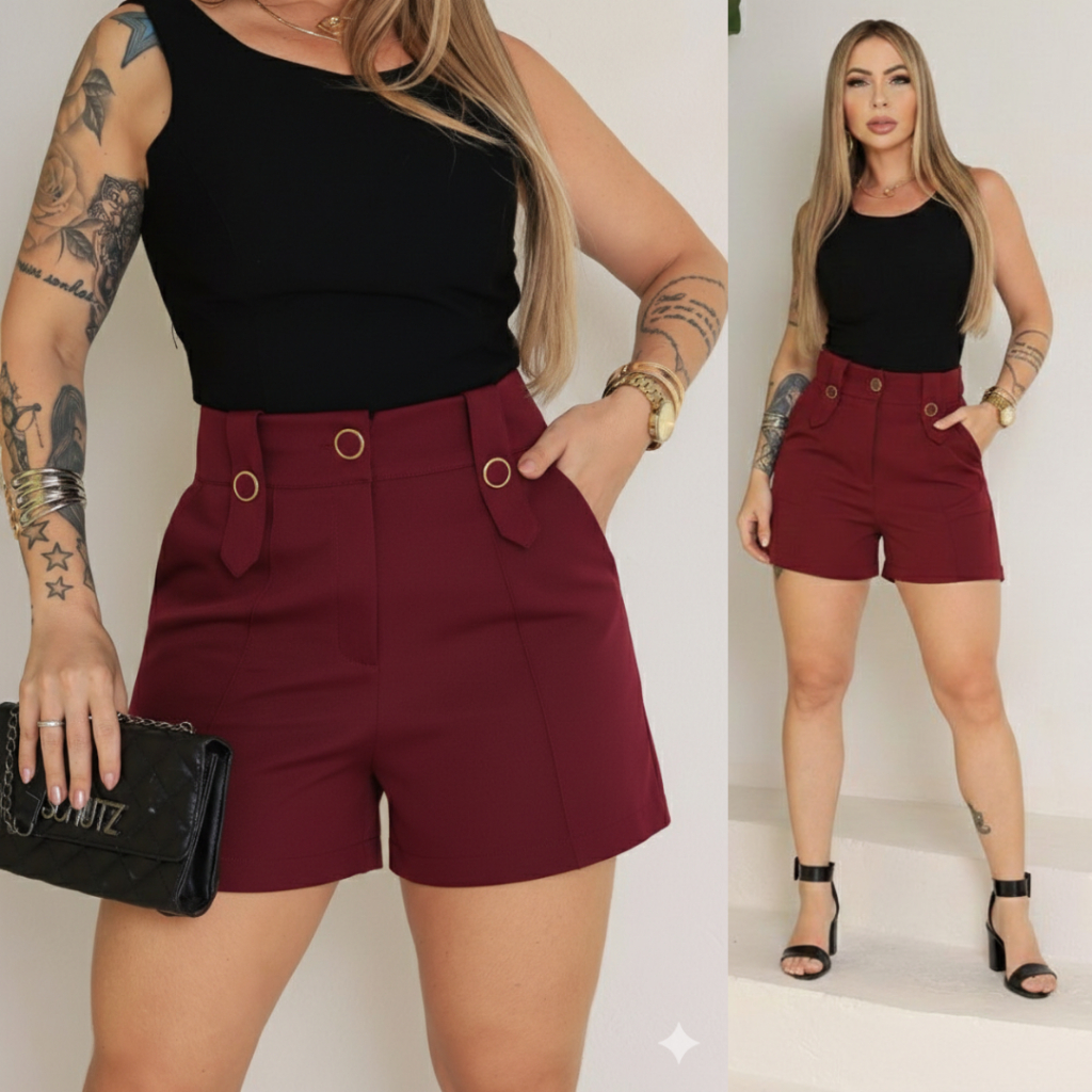 Short Feminino Social Alfaiataria Luxo Cintura Alta Com Bolso e Três Botoes em Oferta na Shopee