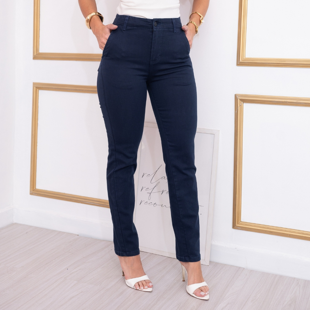 Calça Reta Sawary Jeans Original Cintura Alta Bolso Faca Elastano Confortável Premium Novidade em Oferta na Shopee