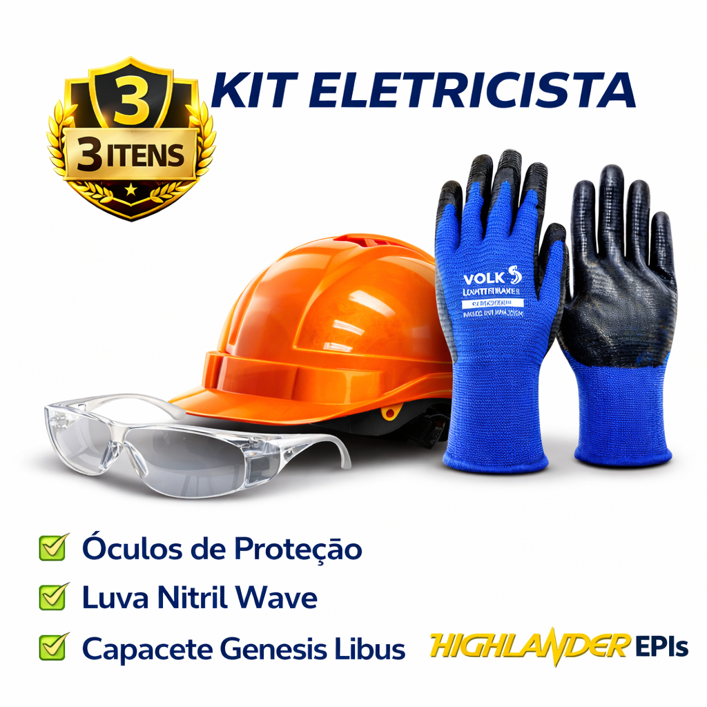 KIT ELETRICISTA COMPLETO - PROTEÇÃO EPIs - BAIXA TENSÃO - SEGURANÇA - ÓCULOS, GANHE BRINDE COM CA