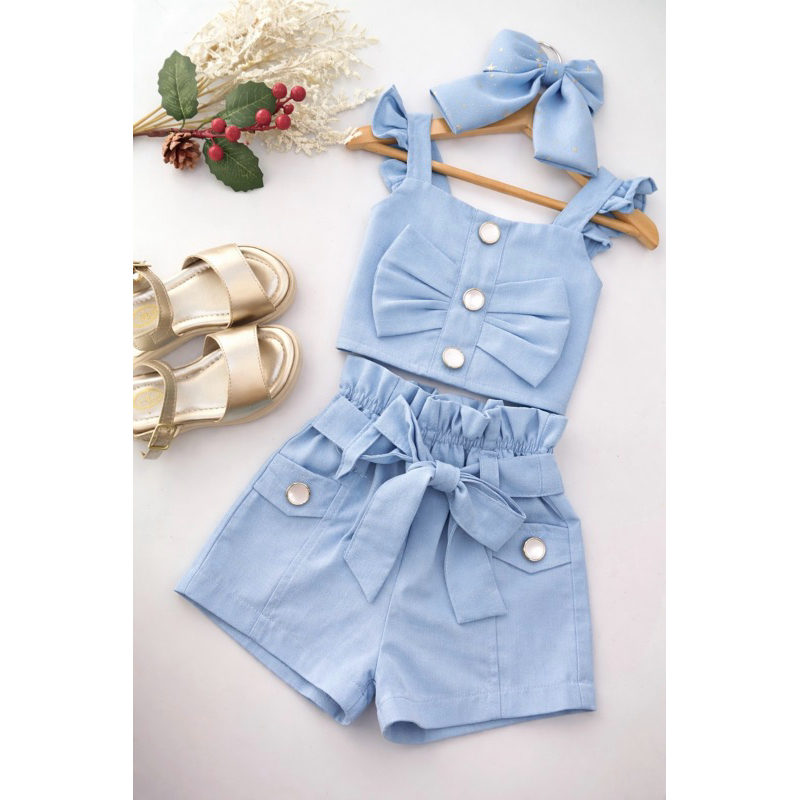 Conjunto infantil em linho, Cropped e Shorts em Oferta na Shopee