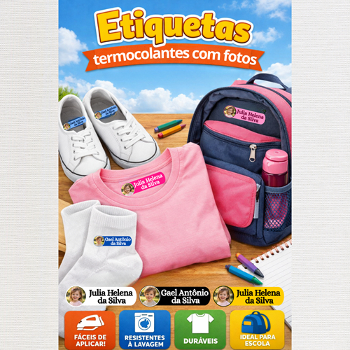 ETIQUETAS TERMOCOLANTES COM FOTO - DTF TÊXTIL - 5CMX1,5CM - DIVERSOS CORES - ENVIE IMEDIATAMENTE FOTO E NOME