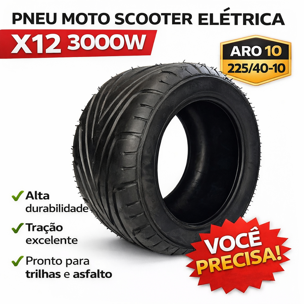Pneu Moto Scooter Elétrica X12 3000W Aro 10 225/40-10 Reforçado Alta Durabilidade