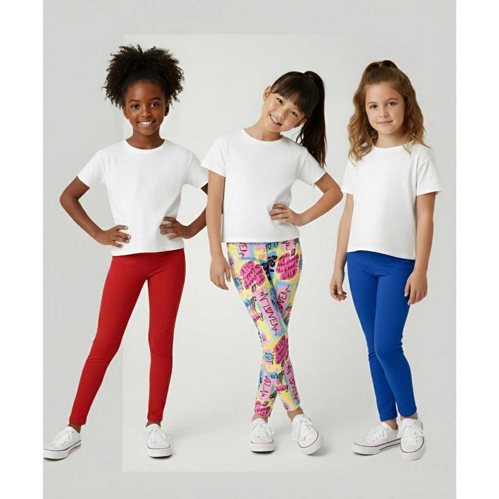 Kit 3 Leggings Infantil Feminina com Elastano Lisa e Estampada Cores Sortidas