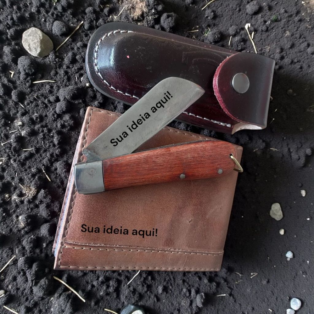 Kit Agro Personalizado – Canivete em Madeira + Bainha em Couro + Carteira Personalizada