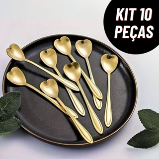 Kit 10 Colheres Coração Fofa para Cozinha Mesa Posta Douradas Café Sobremesa Chá Aço Inoxidável em Oferta na Shopee