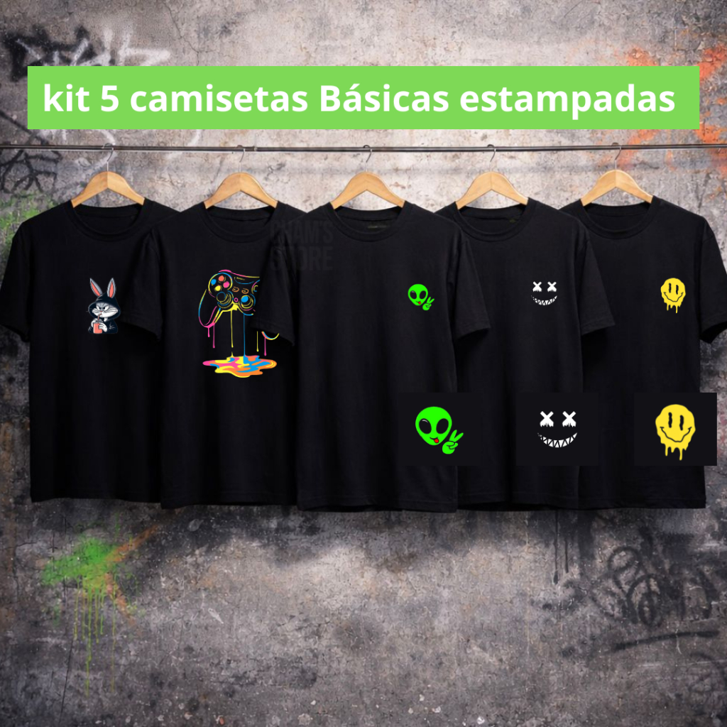 Kit 5 Camisa Camiseta básica Masculina Streetwear - Estampas Sortidas Blusa 100% Algodão Premium em Oferta na Shopee