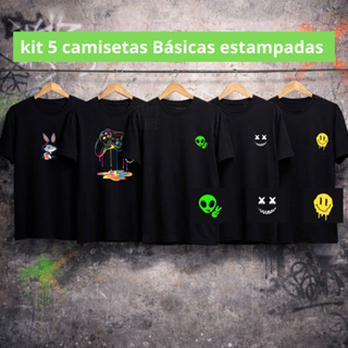 Kit 5 Camisa Camiseta básica Masculina Streetwear - Estampas Sortidas Blusa 100% Algodão Premium em Oferta na Shopee