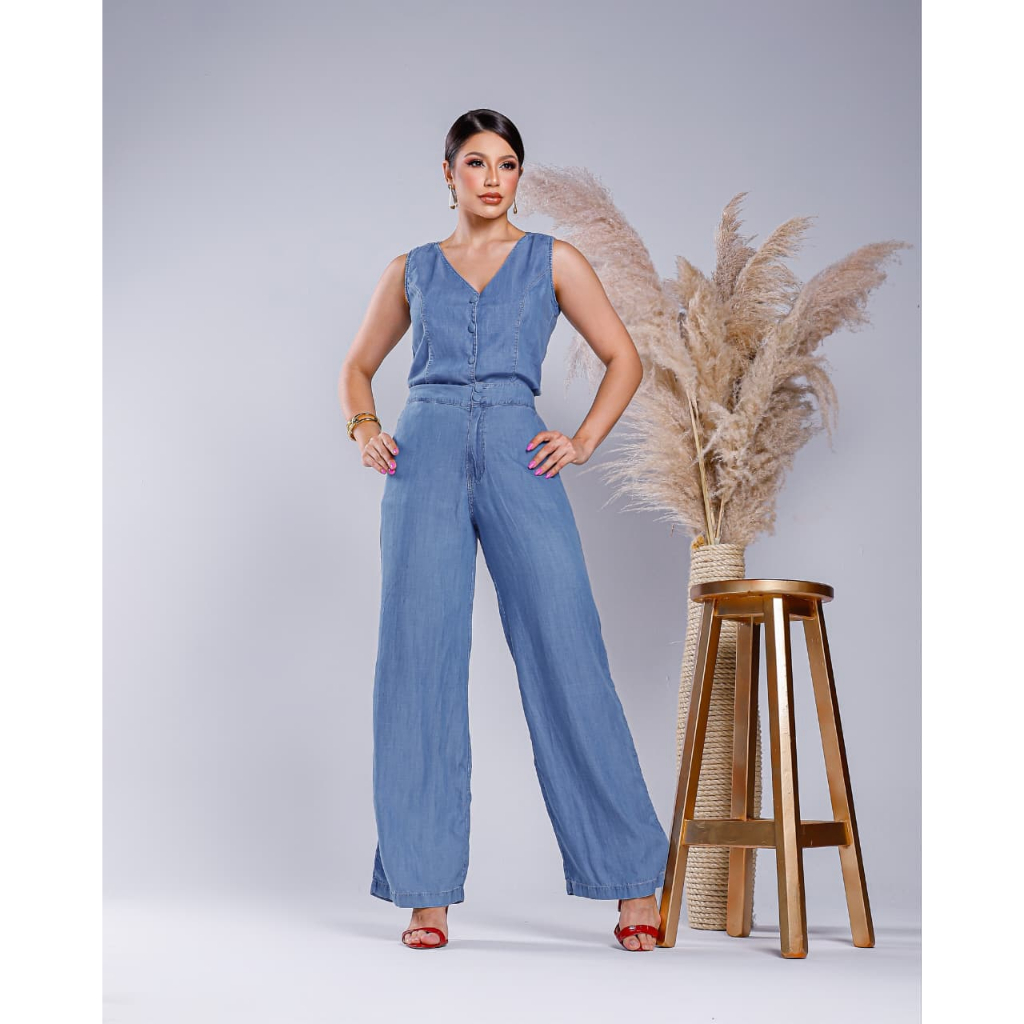 Conjunto Feminino Jeans Liocel Colete e Calça Wide Leg Pantalona Elastico Atrás, Conforto e Estilo Todas as Ocasiões em Oferta na Shopee