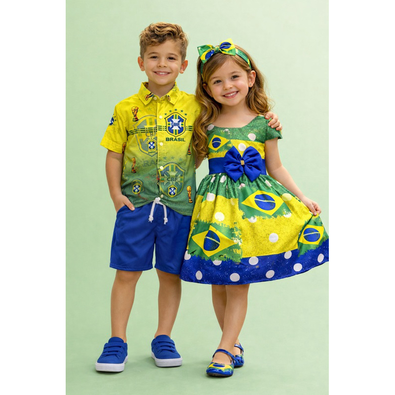 Roupa menino e menina Brasil infantil copa do mundo festa apresentação escola passeio jogo Brasil