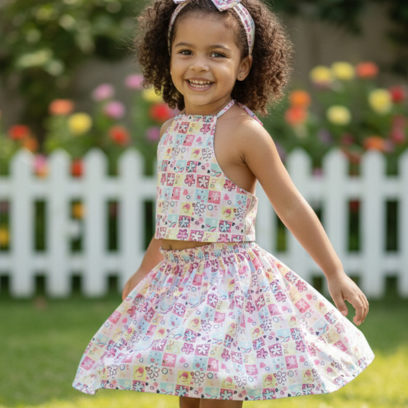 Conjunto Infantil Feminino 5 a 8 Anos  2 Peças Blusa Cropped e Saia Floral Verão Menina