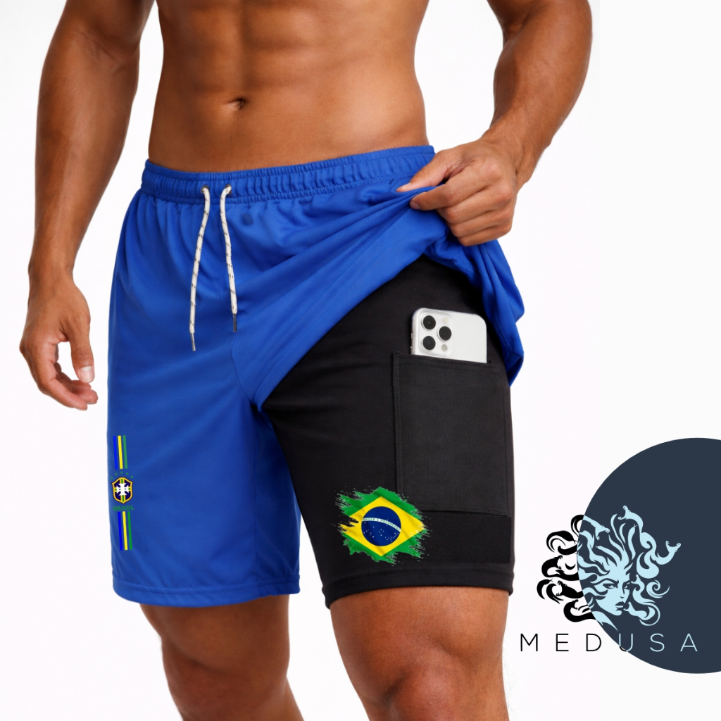Bermuda Compressão 2em1 BRASIL 02  Masculina DryFit + Elastano Ideal Academia Corrida Bike Crossfit em Oferta na Shopee