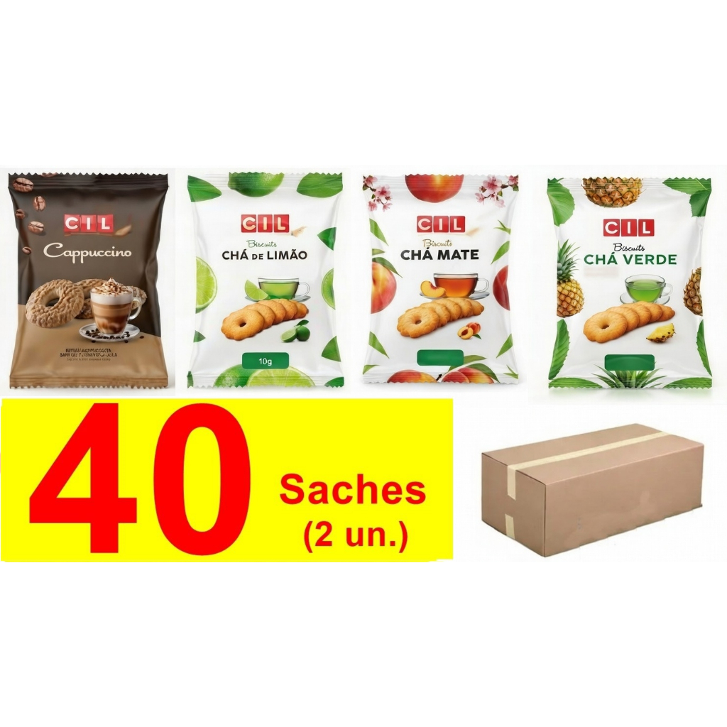 Kit Com 40 Sachês De Biscoito Cil Rosquinhas Doces 10g - Capuccino Limão Pessego Abacaxi em Oferta na Shopee