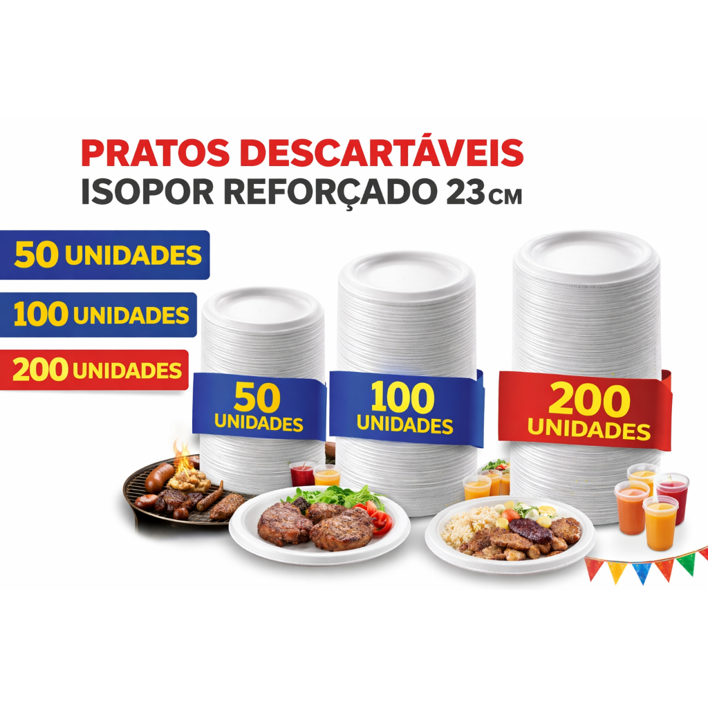 50~200 Pratos Isopor 23cm Branco | Pacote com 25 Unidade | Refeições Festas Churrasco Eventos