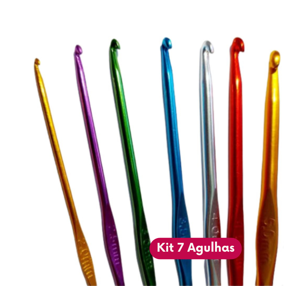 Kit 7 Agulhas de Crochê Alumínio Coloridas 2,0mm 2,5mm 3,0mm 3,5mm 4,0mm 4,5mm 5,0mm