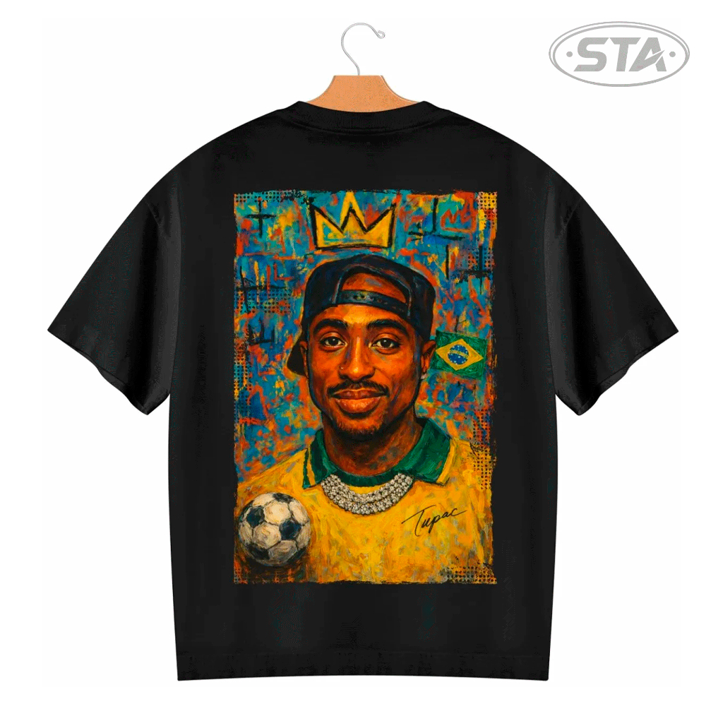 Camiseta Tupac Oversized Brasil Copa Do Mundo Futebol Coroa Tupac Lenda Rei 100% Algodão Premium