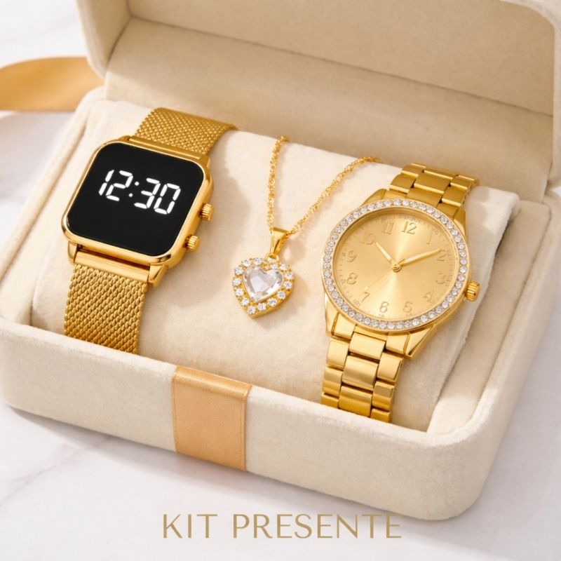 Kit Relógio Feminino Dourado 3 em 1 LED Digital + Colar Coração Luxo Presente