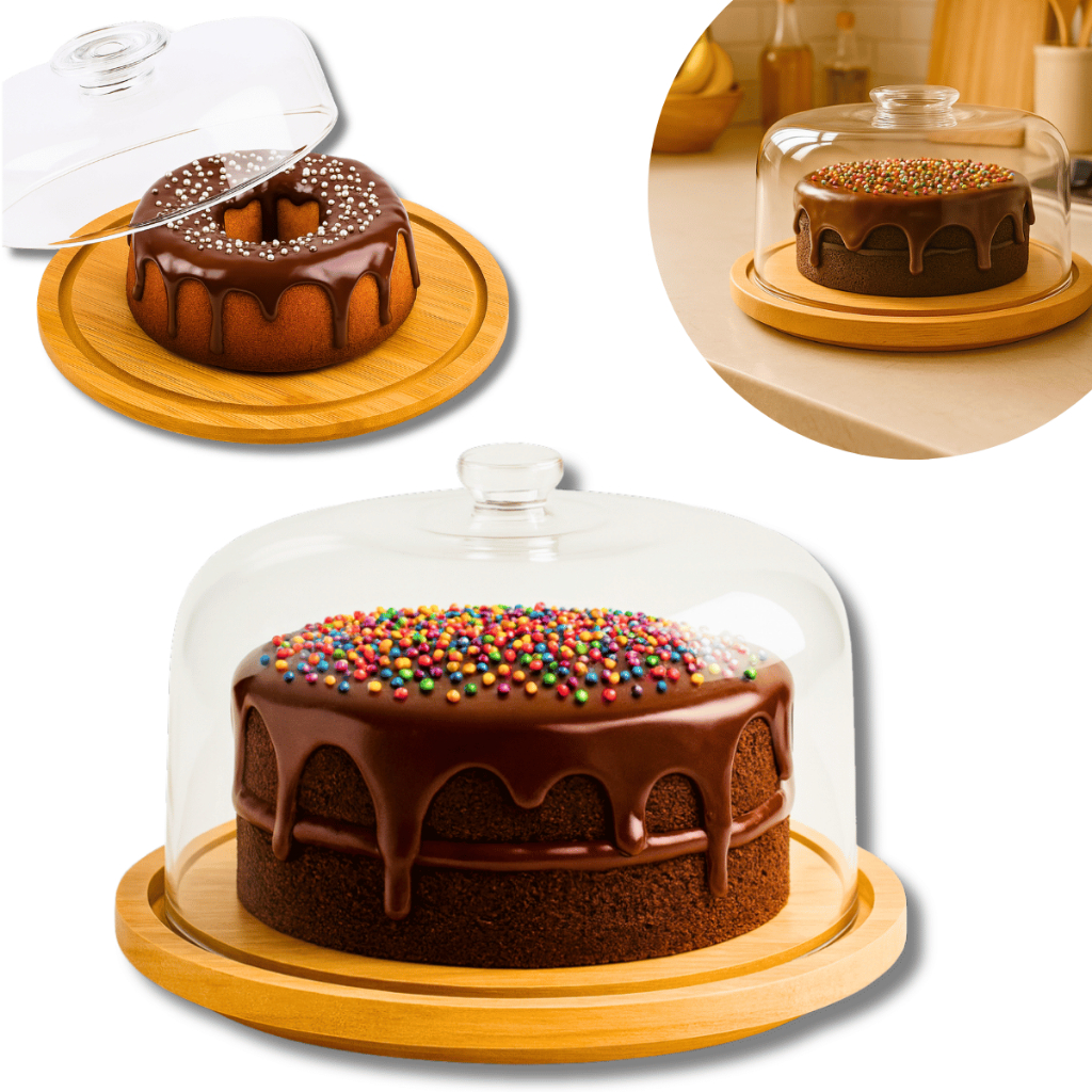 Boleira Bambu Com Tampa Em Acrílico Porta Bolo Para Bolo Torta Pudim Queijo 28cm
