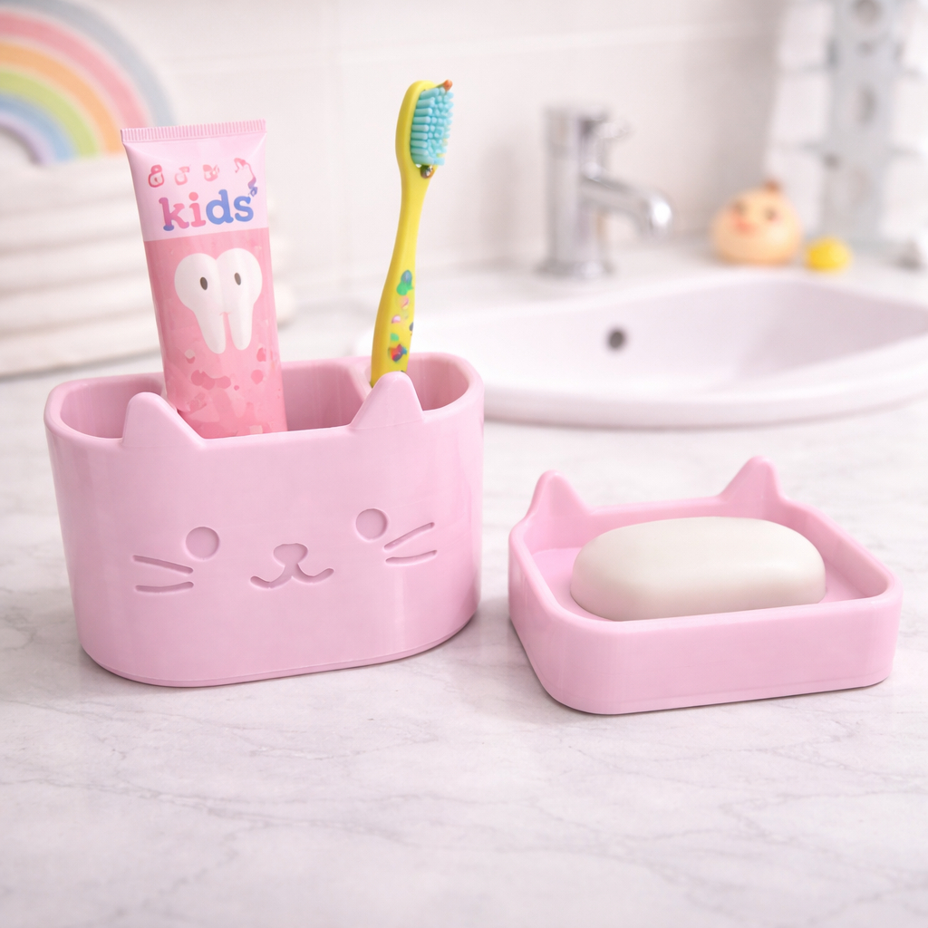 Kit Infantil Porta-Escova + Saboneteira Gatinho de Banheiro Infantil Decorativo e organizado