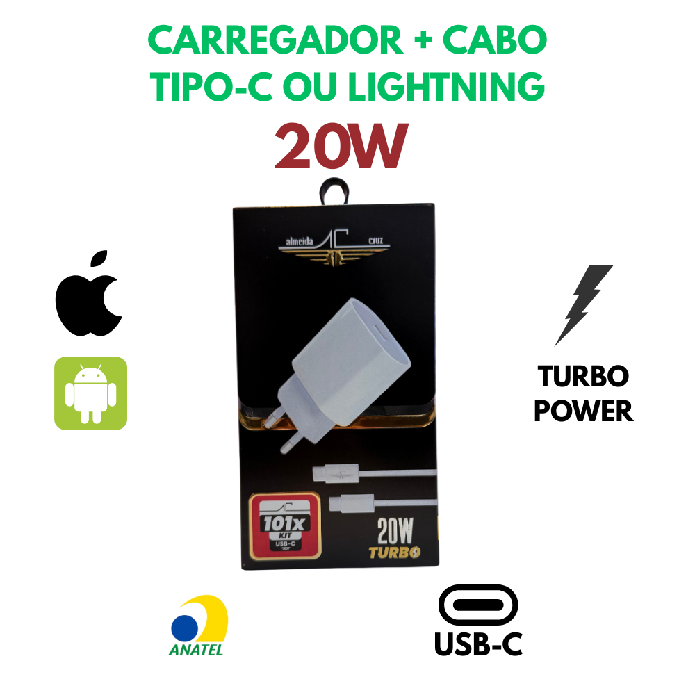 Carregador + Cabo Corda (Tipo-C ou Lightning) 20W TURBO (IPHONE, SAMSUNG, XIAOMI