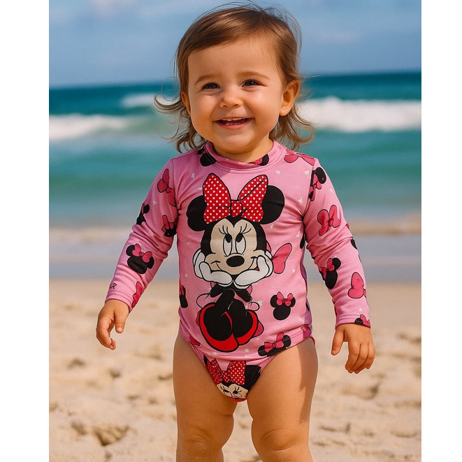 CONJUNTO PRAIA COM PROTEÇÃO UV 50+, CONJUNTO CONTÉM BIQUINI E CAMISA, TEMAS LABUBU SKYE PATRULHA CANINA, MINNIE, ANGEL