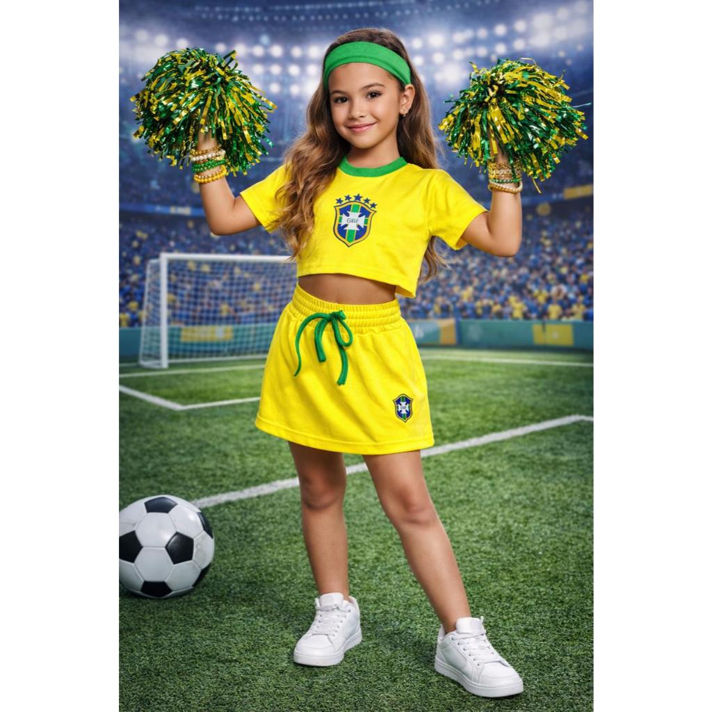 Conjunto Brasil Infantil De Menina Brasil Copa Do Mundo + Faixa de cabelo - Blusinha e shorts saia