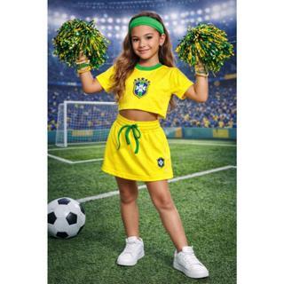 Conjunto Brasil Infantil De Menina Brasil Copa Do Mundo + Faixa de cabelo - Blusinha e shorts saia em Oferta na Shopee