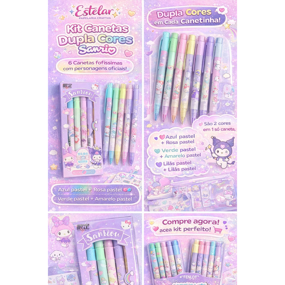 Kit Marca Texto Sanrio Pastel 6 Cores – Ponta Dupla – Fofo Escolar | Estelar Papelaria
