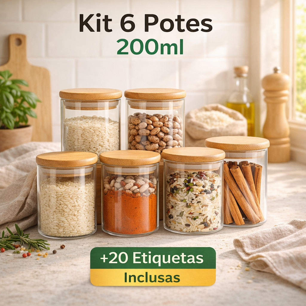 Potes de Vidro com Tampa Bambu Hermética 6/12pcs - Porta Mantimentos Pequeno para Especiarias e Grãos