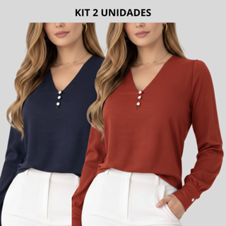 KIT CAMISA FEMININA MANGA COMPRIDA BLUSA MANGA LONGA em Oferta na Shopee