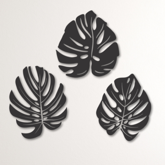 Placa Quadro Decorativo Trio Costelas De Adão Monstera Flora Madeira MDF Com Fita Dupla Face Preto Fosco