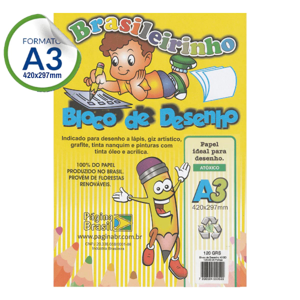 Bloco de Desenho A3 180g Branco 20fls Brasileirinho
