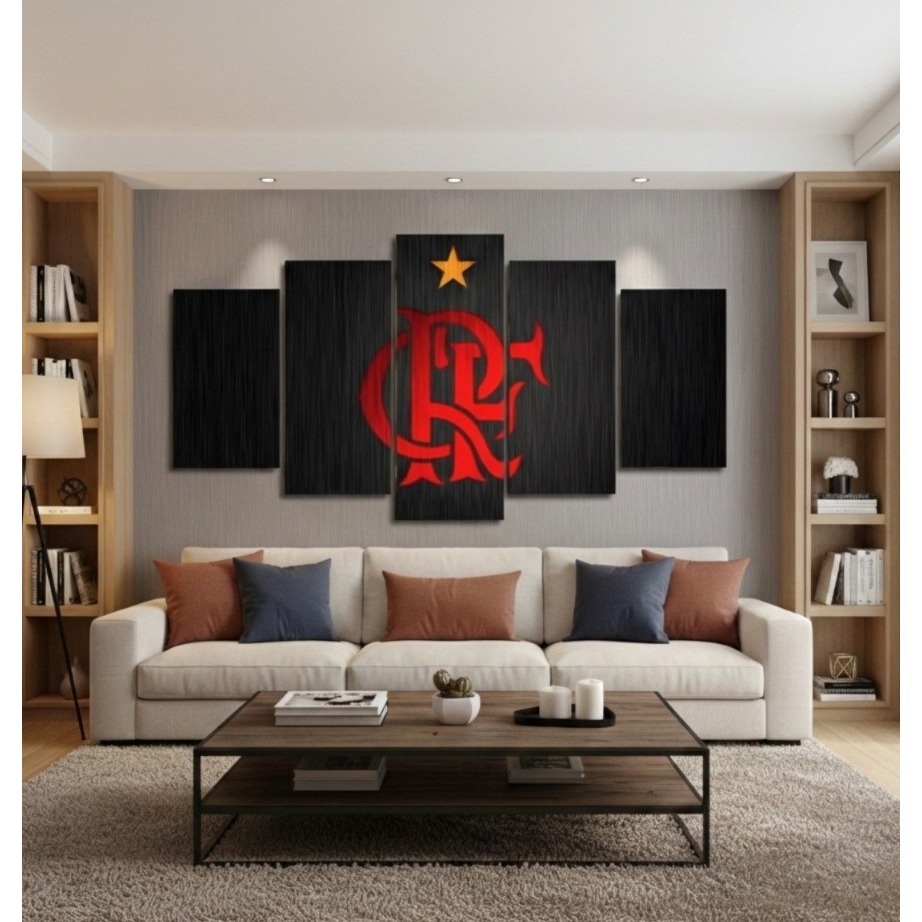 Kit Quadros Decorativo 5 peças Mengão Vermelho Clube Flamengo Preto Hall Quarto Mosaico MDF fULL HD