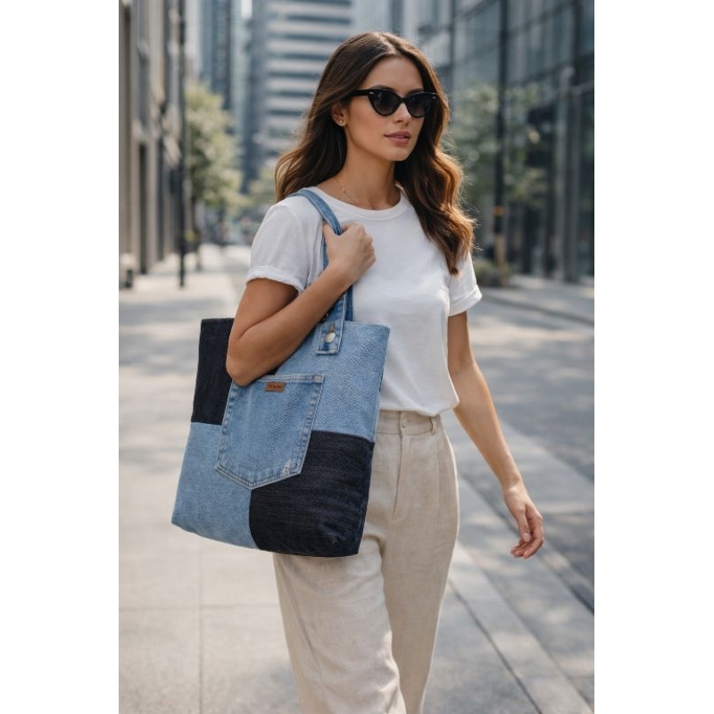 Bolsa saco aberta em jeans com forro modelo tote bag Denim sustentável moda com propósito upcycling