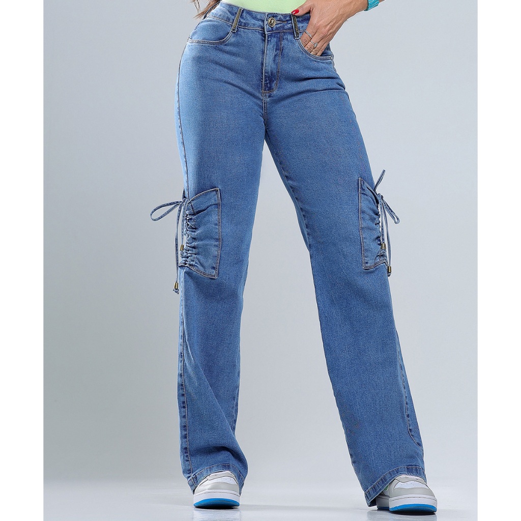 Calça Jeans Feminina Rhero Wide Leg Cargo Modeladora Empina Bumbum Com bolsos premium em Oferta na Shopee