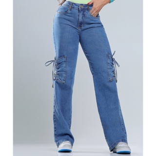 Calça Jeans Feminina Rhero Wide Leg Cargo Modeladora Empina Bumbum Com bolsos premium em Oferta na Shopee